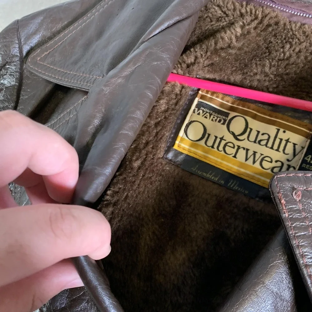 Vintage Montgomery Ward Jacket Mens 42‎ Brown Leather Car Coat Sherpa 70s 80s